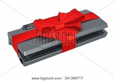 Vacuum Sealer With Red Ribbon And Bow. Gift Concept, 3d Rendering Isolated On White Background