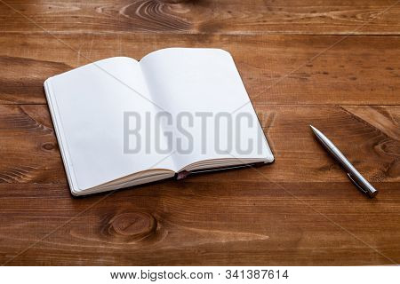 Open Blank Empty Paper Notebook With Pen On Brown Wooden Desk, Note Book Pad Pages For Memo Writing 