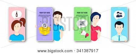 Musical Note, Medical Analyzes And Champagne Icons Simple Set. People On Phone Screen. Couple Sign. 