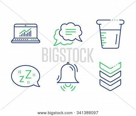 Text Message, Cooking Beaker And Online Statistics Line Icons Set. Sleep, Clock Bell And Shoulder St