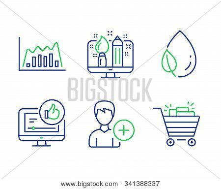 Leaf Dew, Add Person And Creative Design Line Icons Set. Like Video, Infographic Graph And Shopping 