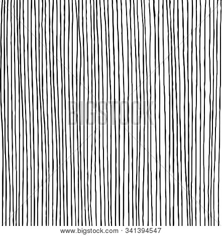 Hand Drawn Vertical Parallel Thin Black Lines On White Background. Straight Lines Pen Sketch For Gra