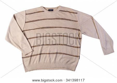 Knitted Hakki Brown Beige Color Sweater With A Zipper Isolated On A White Background. Mens Sweater U