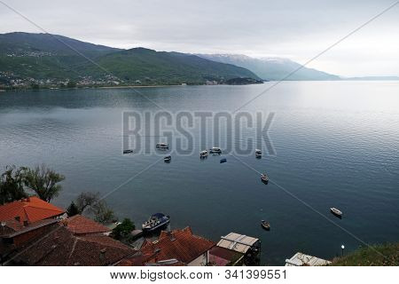 OHRID, MACEDONIA - MAY 04, 2019: Small boats on Ohrid lake, Ohrid, Macedonia