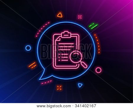 Search Analysis Line Icon. Neon Laser Lights. Find Document Sign. Magnify Glass. Glow Laser Speech B