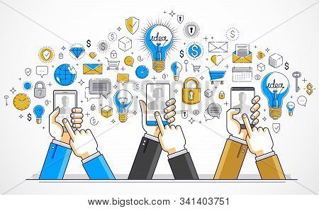Internet Teamwork Online Team Is Working And Having Conference Using Gadgets And Apps, Businessmen H