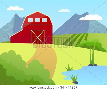 Vector Illustration Of A Farm With Green Field And Blue Lake, Garner And Trees