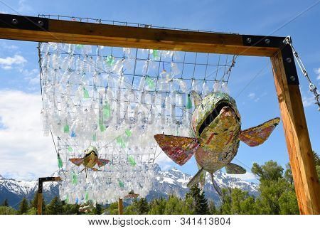 GRAND TETON NATIONAL PARK, Wyoming - JUNE 26, 2017: Art Installation at the Visitor Center. A plastic bottle river and aluminum can trout bring awareness to recycling in this student project.