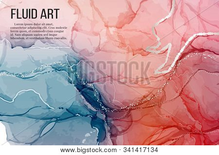 Vector Contrast Red Blue Rose Silver Marble Poster, Alcohol Ink Greeting Card, Website Banner, Abstr