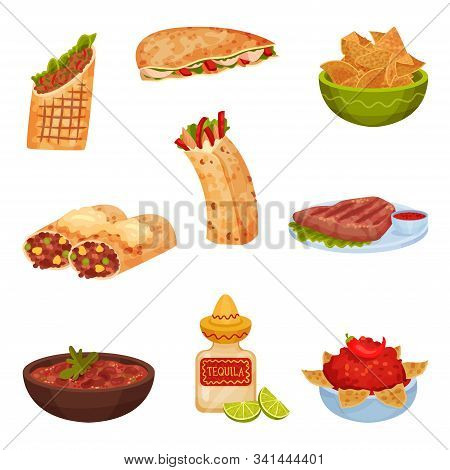 Mexican Snacks And Dishes Vector Set. Appetizing Traditional Courses And Starters Collection
