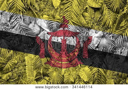 Brunei Darussalam Flag Depicted On Many Leafs Of Monstera Palm Trees. Trendy Fashionable Backdrop