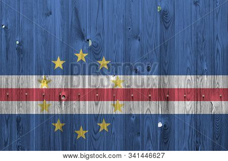 Cabo Verde Flag Depicted In Bright Paint Colors On Old Wooden Wall. Textured Banner On Rough Backgro