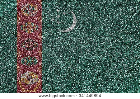 Turkmenistan Flag Depicted On Many Small Shiny Sequins. Colorful Festival Background For Party