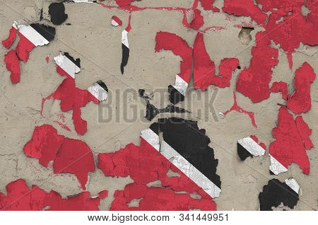 Trinidad And Tobago Flag Depicted In Paint Colors On Old Obsolete Messy Concrete Wall Closeup. Textu