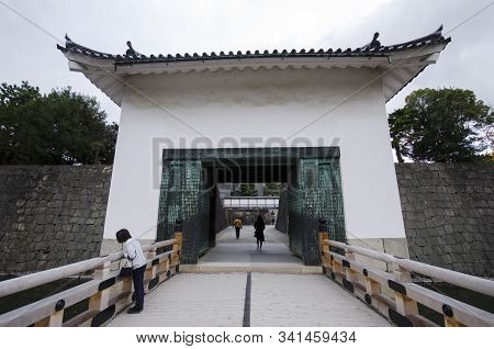 Kyoto, Japan- 25 Nov, 2019: Ancient Castle Gate Inside Nijo Castle In Kyoto, Japan. A Flatland Castl