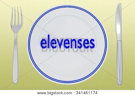3d Illustration Of Elevenses Title On A White Plate, Along With Silver Knif And Fork, On A Colored G