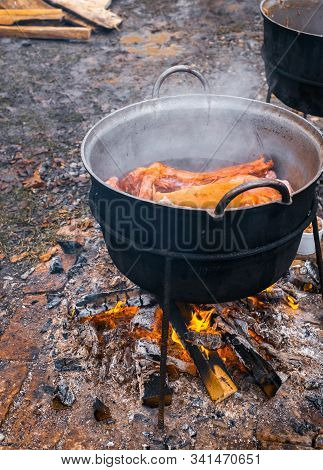 Romanian Traditional Food Prepared At The Cauldron On The Open Fire With Wood, Christmas Tradition