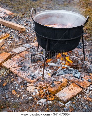 Romanian Traditional Food Prepared At The Cauldron On The Open Fire With Wood, Christmas Tradition