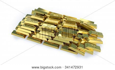 Stacked Pile Of Gold Bars. 3d Rendered Illustration Isolated On White Background. Selective Focus Ma