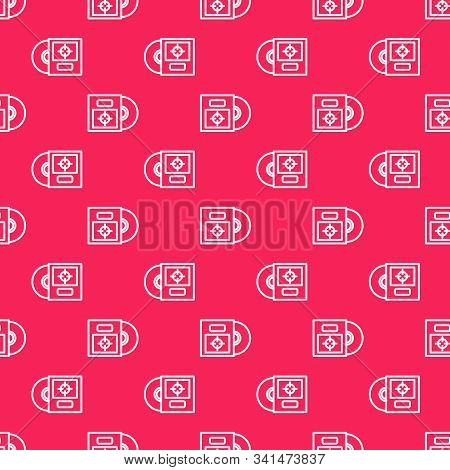 White Line Cd Or Dvd Disk In Box Icon Isolated Seamless Pattern On Red Background. Compact Disc Sign