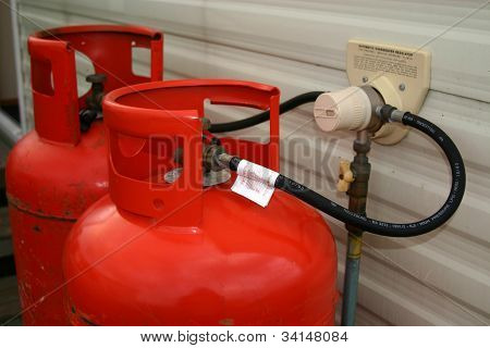 Propane gas bottles at a caravan.