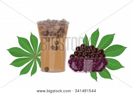 Bubble Tea, Tapioca Pearls And Cassava Leaf Isolated On White Background. Milk Beverage With Pearls 