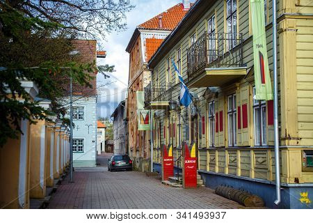 Parnu, Estonia - May 02, 2015: Old Wooden Buildings In Historical Center Of Parnu On The Ohtu Street