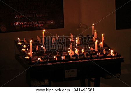 Warsaw, Poland - May 12, 2012: Wax Candles In St. John Archcathedral Church Interior. It Is The Moth