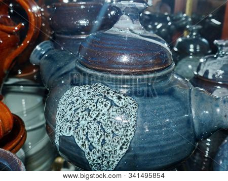 Ceramic Coffee Pot. Latgale Ceramics Is A Traditional Folk Craft. It Was Filled With Glaze Of Tradit