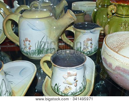 Coffee Service. Latgale Ceramics Is A Traditional Folk Craft. It Was Filled With Glaze Of Traditiona