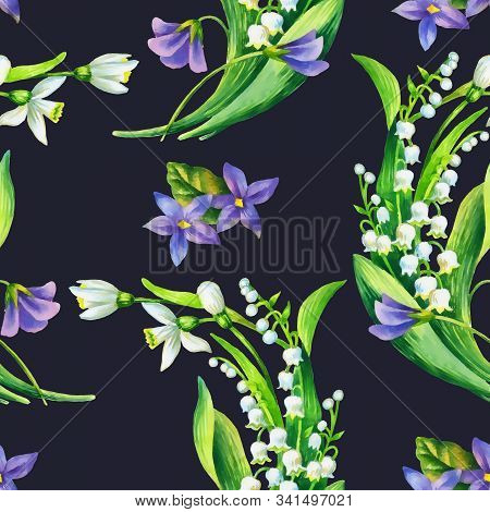 Spring Flowers: Snowdrop, May-lilly, Viola  Seamless Pattern, Hand Paint Watercolor Illustration.