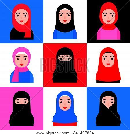 Set Of Muslim Women Vector, Muslim Avatar Flat Icon Set