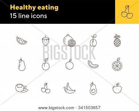 Healthy Eating Icons. Set Of Line Icons On White Background. Pomegranate, Pineapple, Orange. Fruit C