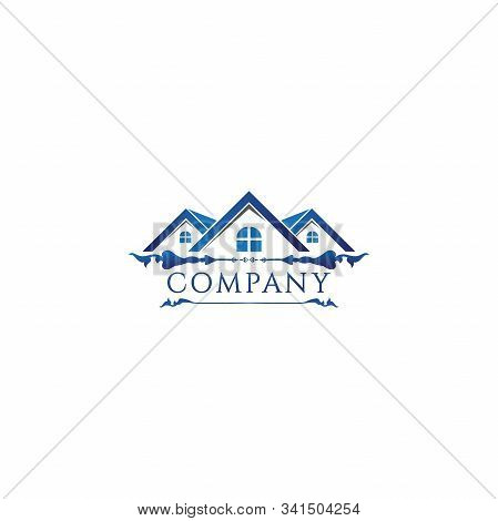 Blue Floral House Real Estate Logo Design Template, Construction Company, House Icon, Rounded Window