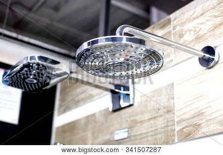 Selling Stylish And Modern Head Showers With A Water Nozzle. Sale Of New Plumbing, Close-up, Backgro