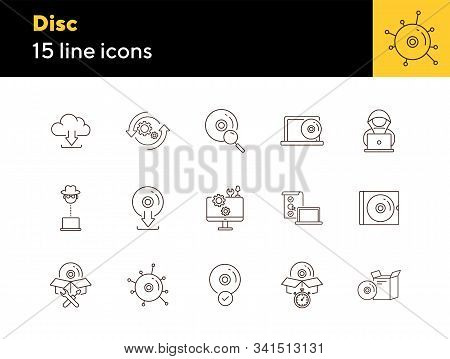Disc Icons. Set Of Line Icons. Cd Scan, Box For Cd, Setting Cd. Software Product Concept. Vector Ill
