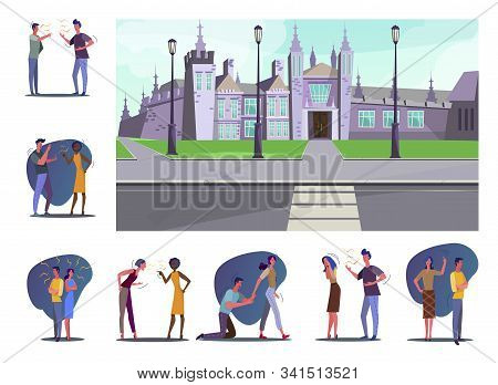 Set Of People Having Various Conflicts. Flat Vector Illustrations Of People Arguing, Screaming And S