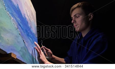 Artist Copyist Paint Seascape With Ship In Ocean. Craftsman Decorator Draw As Boat Sail On Blue Sea 