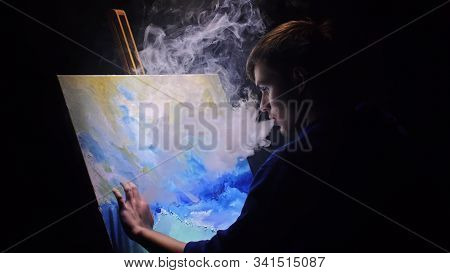 Artist Copyist Paint Seascape With Ship In Ocean. Vaper Smoke Vape E-cigarette. Craftsman Decorator 