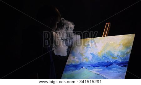 Artist Copyist Paint Seascape With Ship In Ocean. Vaper Smoke Vape E-cigarette. Craftsman Decorator 
