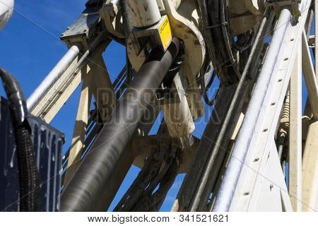 Drilling Work At The Well. Drill Rig, Rotation Of The Drill Pipe.
