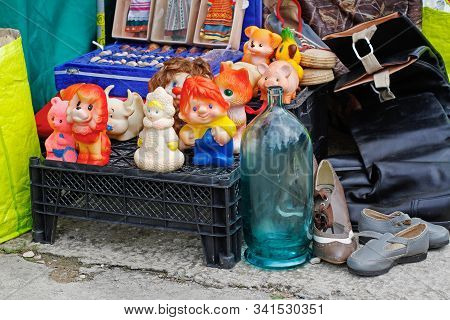 Pushkino, Moscow Region, Russia - July 13, 2019: Still Life Of Soviet Children's Toy, Shoes And Glas