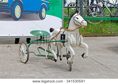 Pushkino, Moscow Region, Russia - July 13, 2019: Vintage Horse Tricycle At The Flea Market At The Fe
