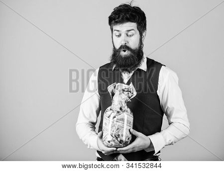 Saving Money For Future. Businessman Focusing On Current And Future Savings. Bearded Man Thinking Of