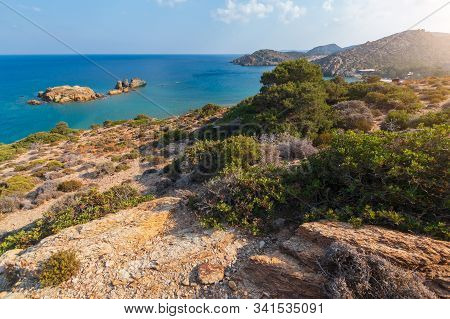 Aerial View On Beautiful Vai Palm Beach At Eastern Part Of Crete Island. Afternoon Foto. Greece Euro