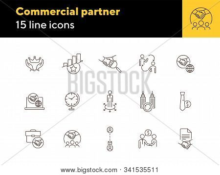 Commercial Partner Icons. Set Of Line Icons. Global Time, Successful Rating, Cooperating Firms. Part