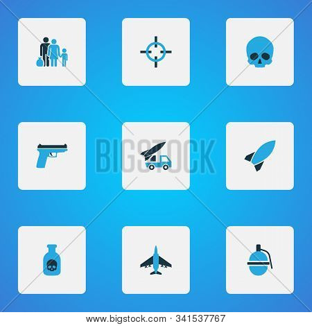 Combat Icons Colored Set With Fugitive, Dynamite, Bomb And Other Aim Elements. Isolated Vector Illus