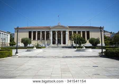01 October 2018-athens, Greece. The Academy Of Athens, The Athenian Trilogy Consists Of Three Neocla