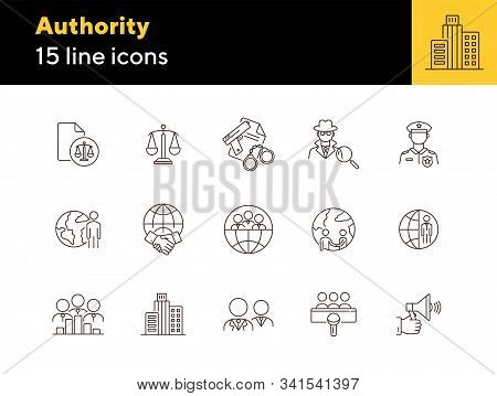 Authority Line Icon Set. Police Officer, Detective, Globe, Handshake. Authority Concept. Can Be Used