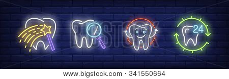 Dental Care Neon Sign Set. Fairy Stick, Molar, Smiling Tooth. Vector Illustration In Neon Style, Bri